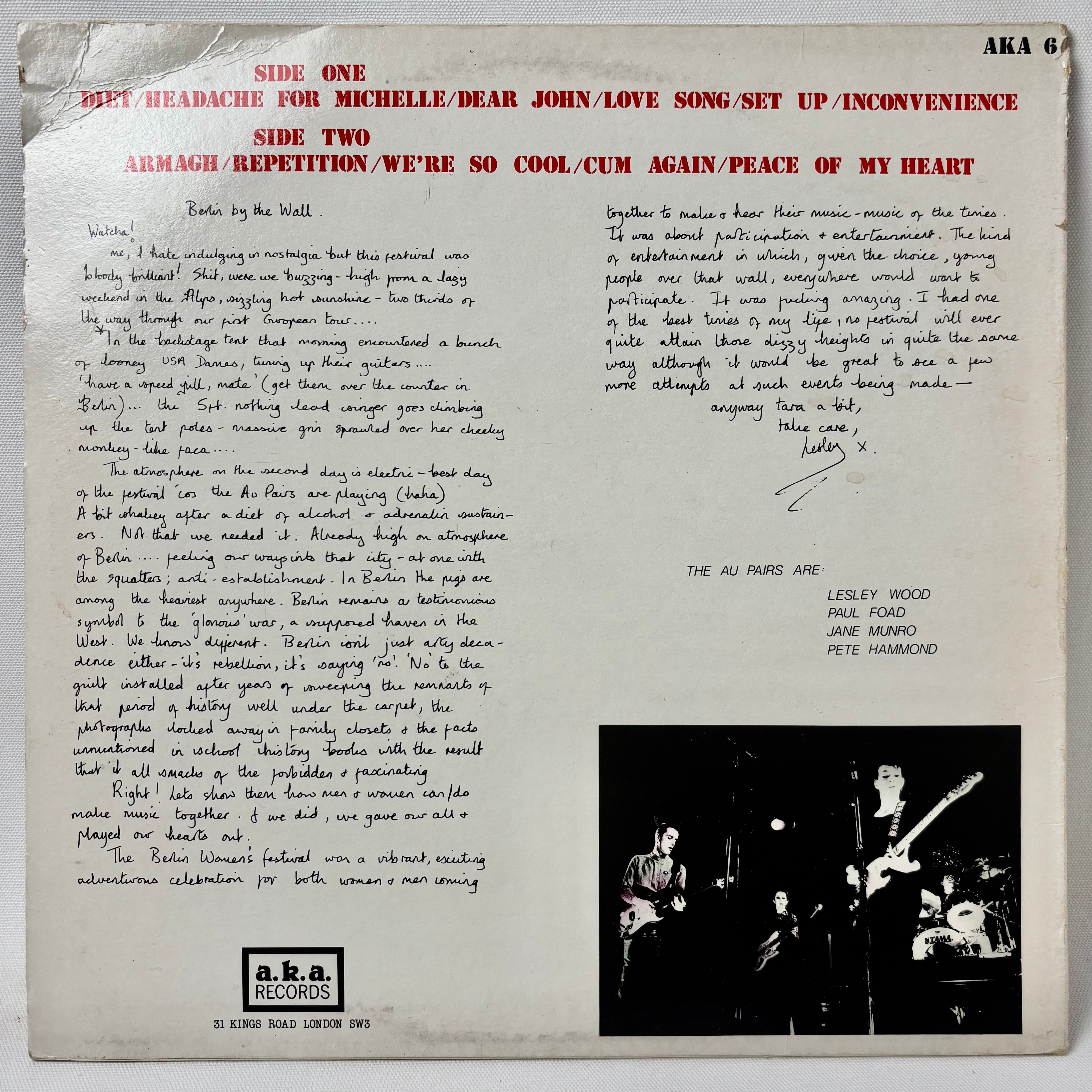 Au Pairs / Live in Berlin (12" vinyl LP, 1983, Used, VG+ condition)